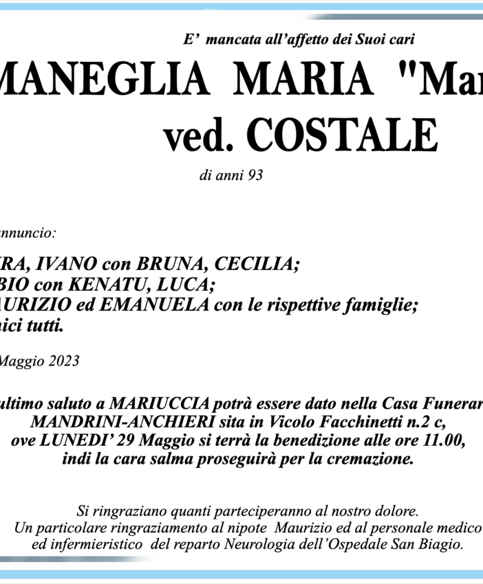 Maneglia Maria &quot;Mariuccia&quot; ved. Costale di anni 93