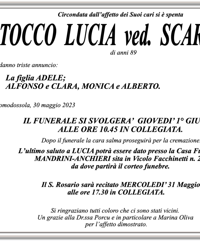Stocco Lucia Ved. Scarpulla di anni 89
