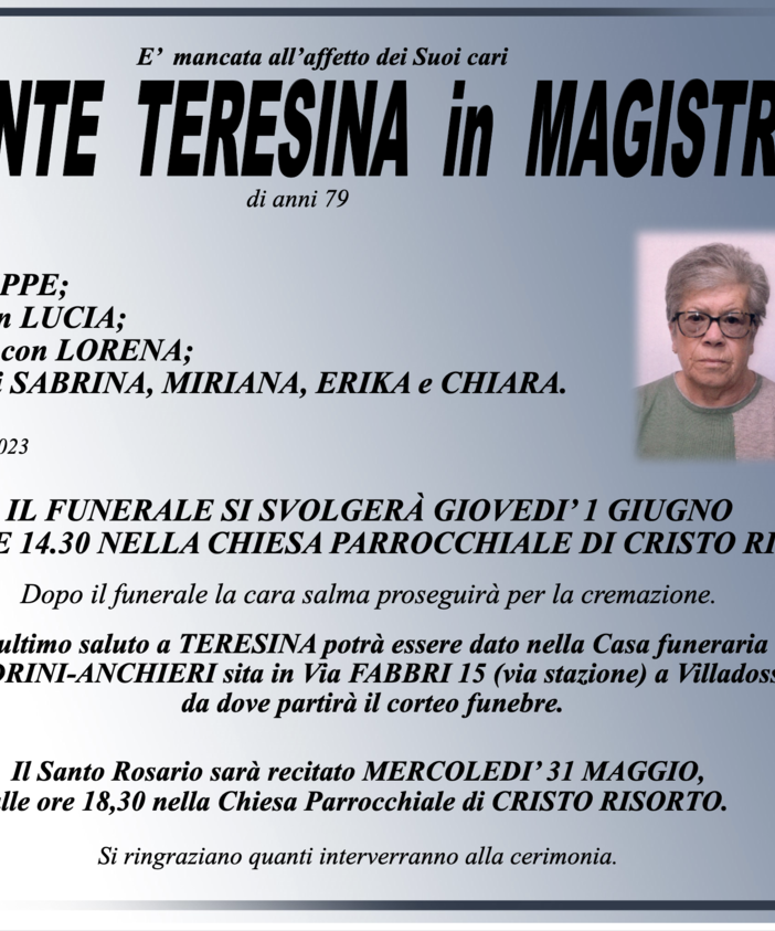 Altomonte Teresina in Magistris di anni 79