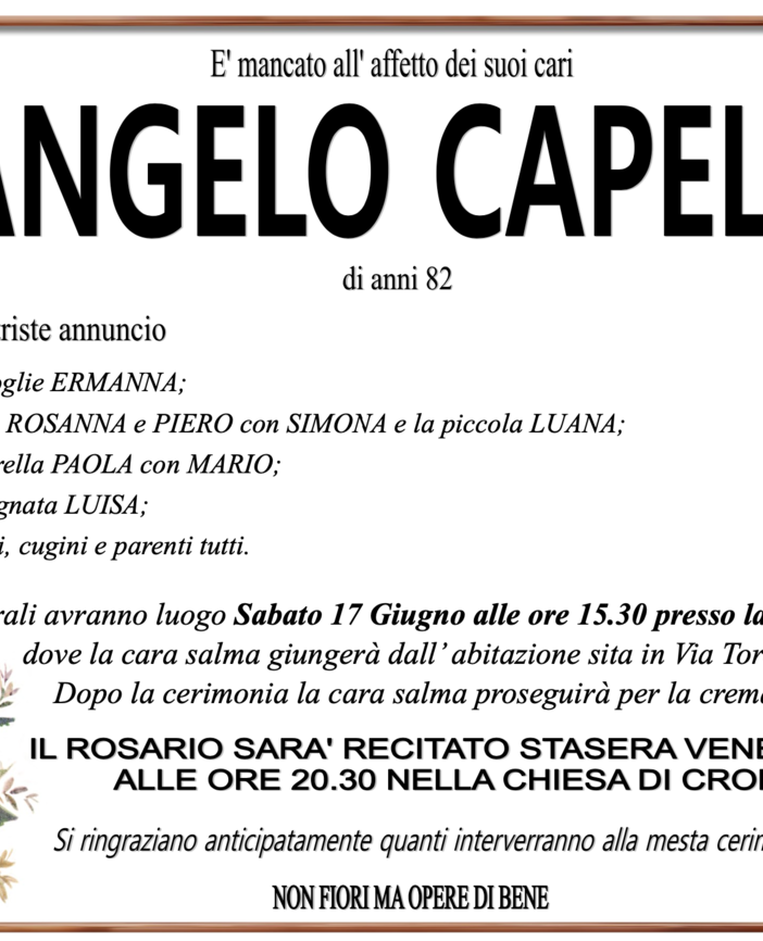 Angelo Capella di anni 82