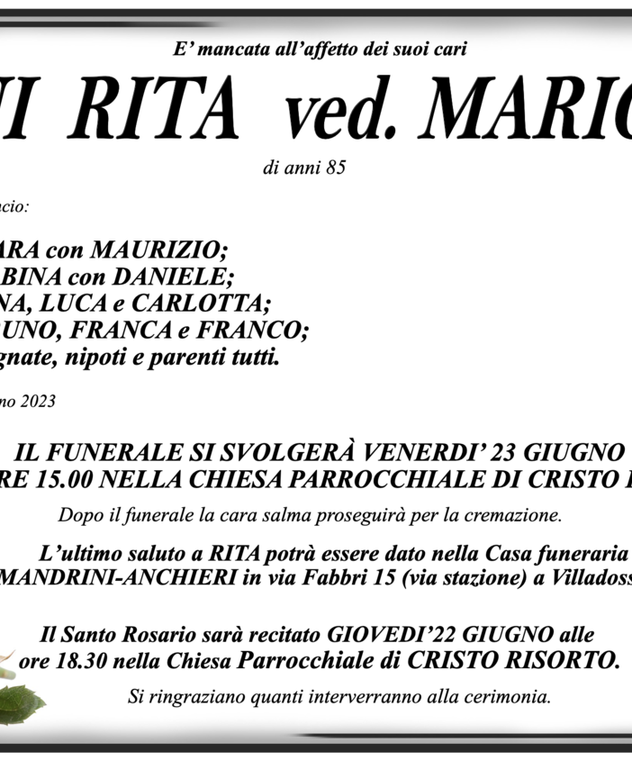 Prini Rita ved. Mariotti di anni 85