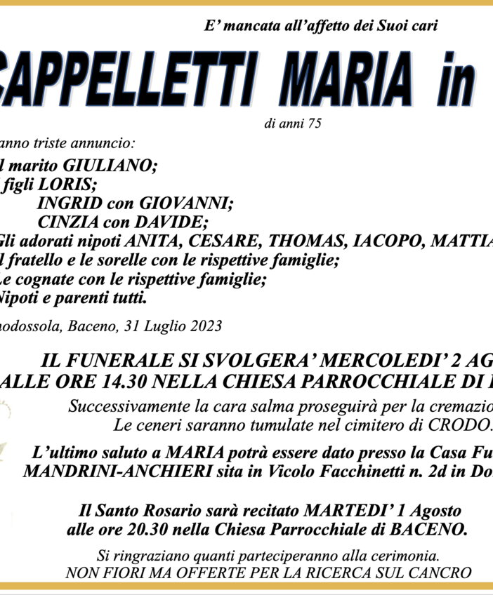Cappelletti Maria in Mader di anni 79