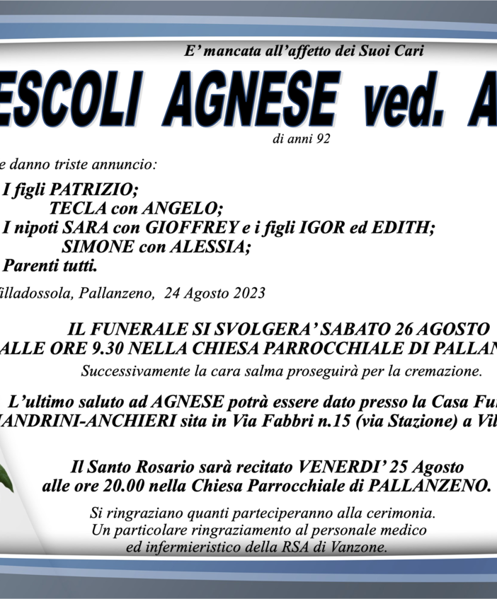 Crescoli Agnese ved. Arzuffi di anni 92