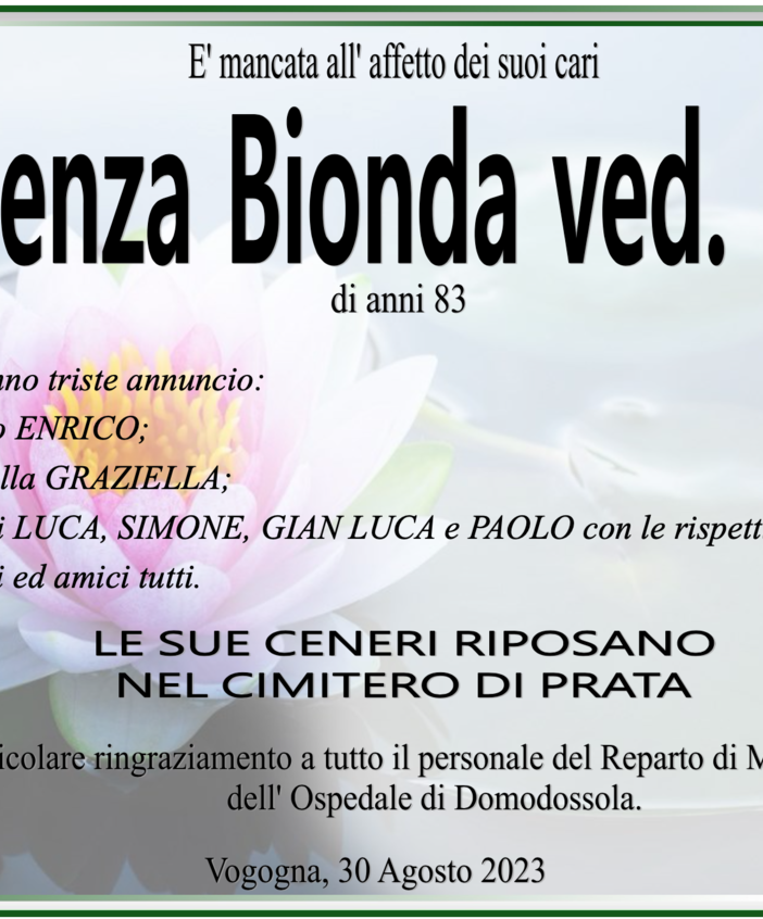 Vincenza Bionda ved. Moia di anni 83