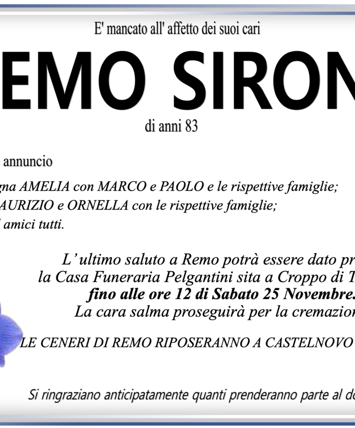 Remo Sironi di anni 83