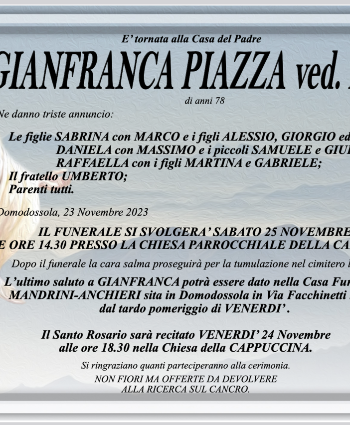 Gianfranca Piazza ved. Mizia di anni 88