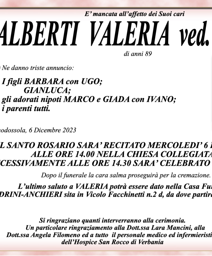 Alberti Valeria ved. Bassa di anni 89