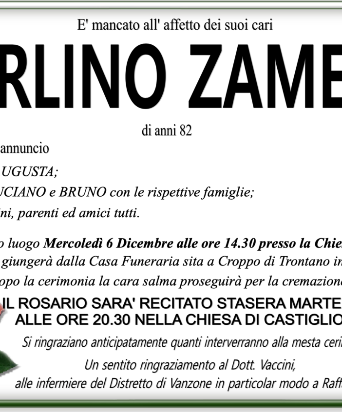 Carlino Zametti di anni 82