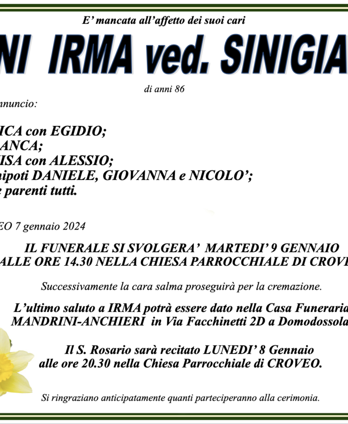 uttini Irma ved. Sinigiani di annni 86