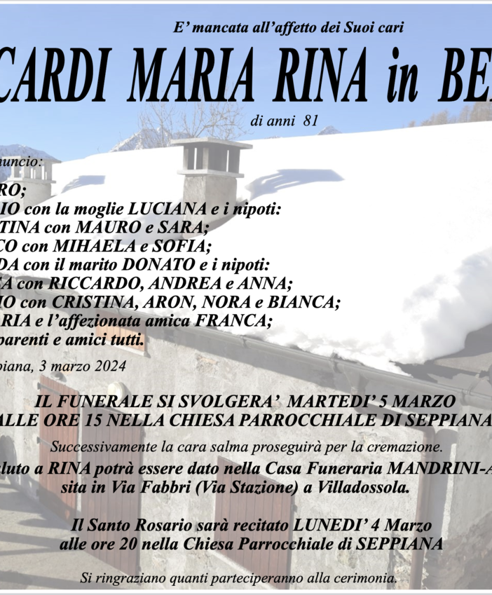 Arcardi Maria Rina in Bellotti di anni 81