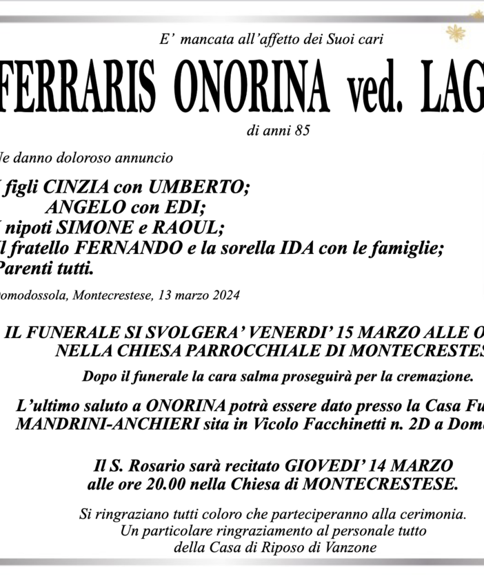 Ferraris Onorina ved. Laganà di anni 85