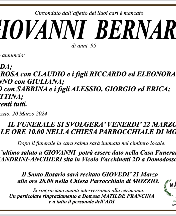 Giovanni Bernardini di anni 95