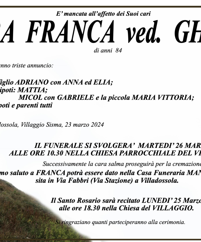 Cara Franca ved. Ghelfi di anni 81
