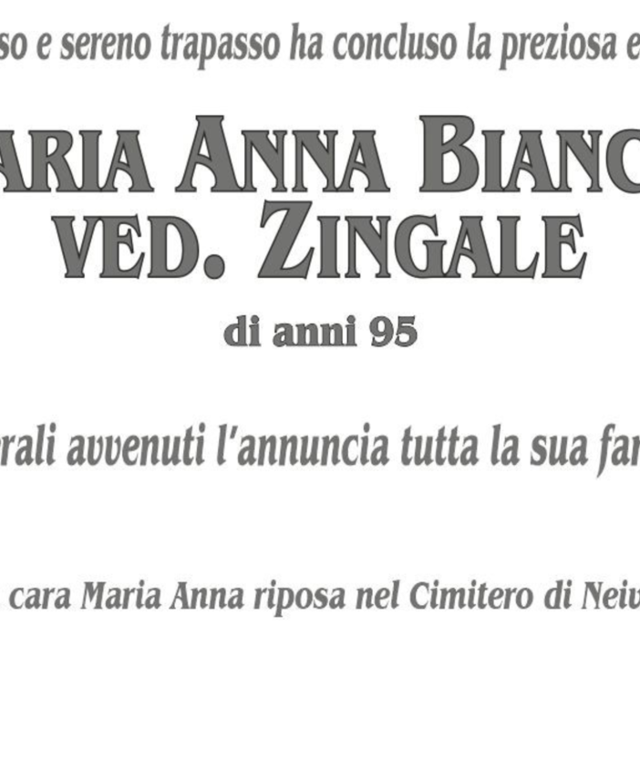 Maria Anna Bianchi ved. Zingale di anni 95