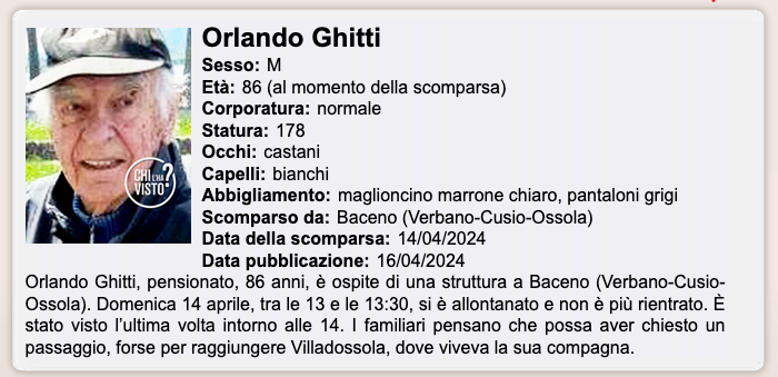 Anche la trasmissione 'Chi l'ha visto?' si occupa della scomparsa di Orlando Ghitti