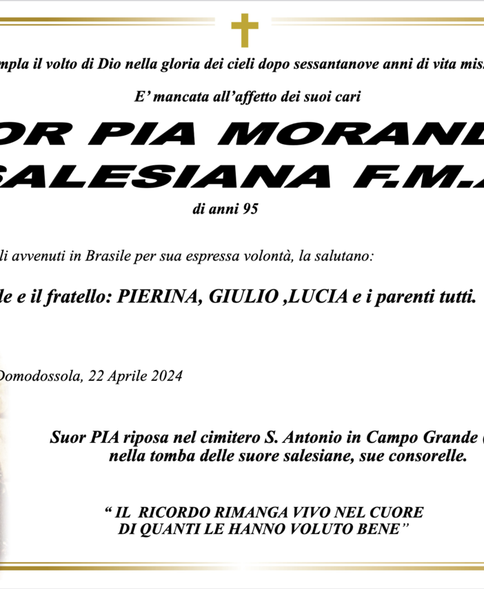 Suor Pia Morandini Salesiana F.M.A. di anni 95
