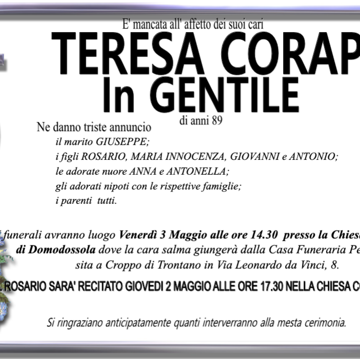 Teresa Corapi in Gentile 89 anni