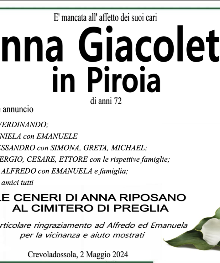 Anna Giacoletti in Piroia di anni 72