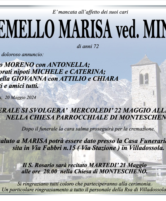 Chemello Marisa ved. Minacci di anni 72
