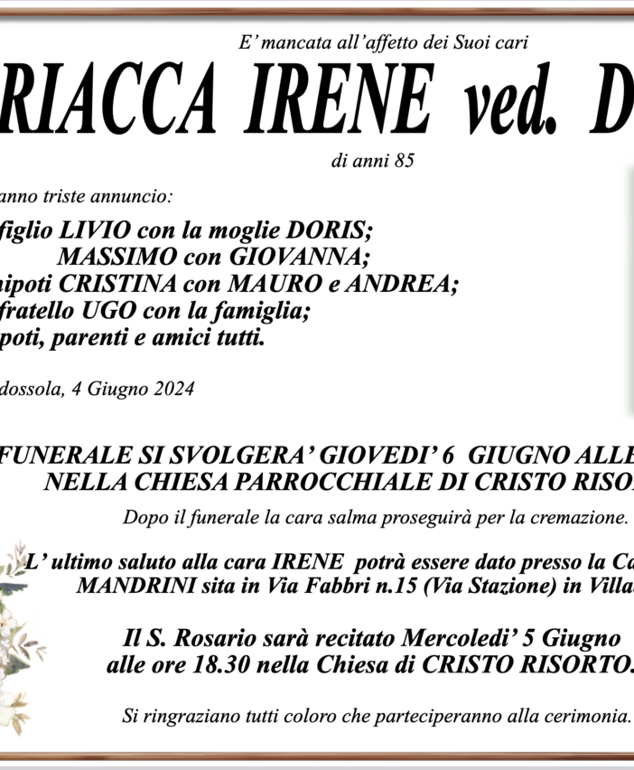 Briacca Irene ved. Dondo di anni 85
