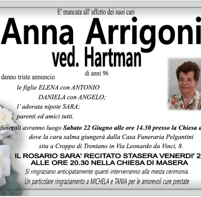 Anna Arrigoni ved. Hartman 96 anni