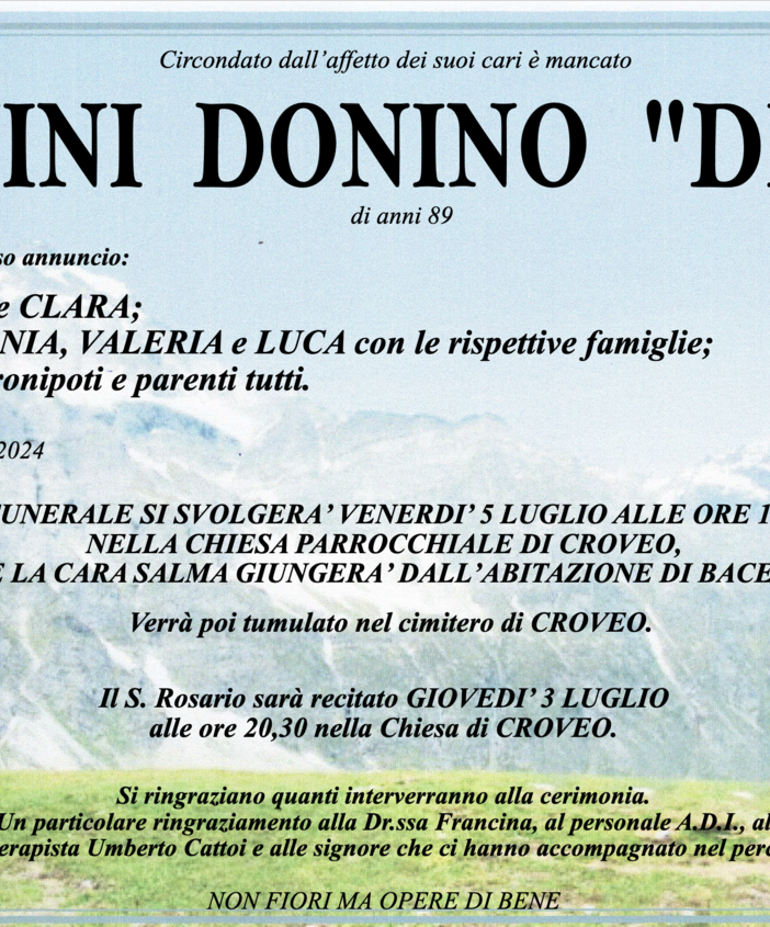 Vanini Donino &quot;Dino&quot; di anni 89