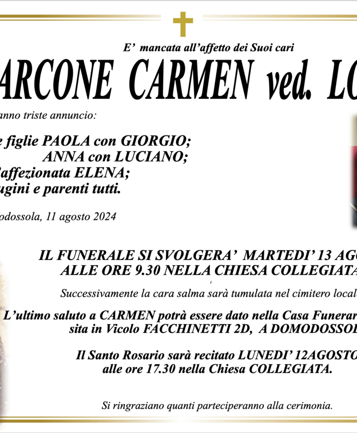 Marcone Carmen ved. Lobino di anni