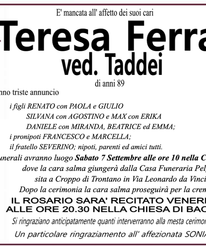 Teresa Ferrari ved. Taddei 89 anni