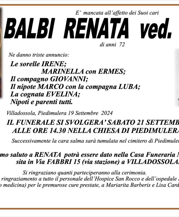 Balbi Renata ved. Lana di anni 72