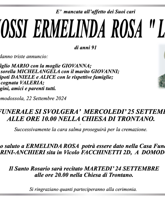 Iossi Ermelinda Rosa &quot;Linda&quot; di anni 91