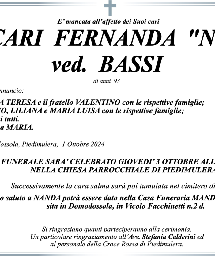 Naccari Fernanda &quot;Nanda&quot; ved. Bassi di anni 93