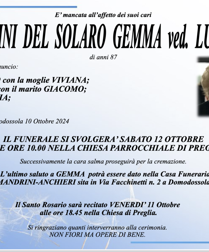 Venturini Del Solaro Gemma ved. Lucchini di anni 87