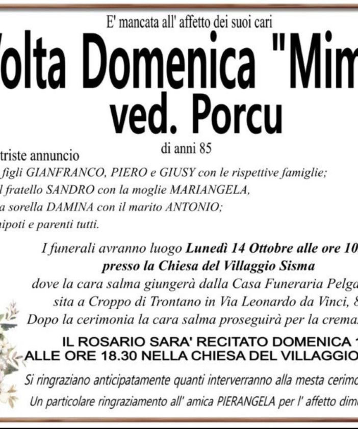 Volta Domenica &quot;Mimma&quot; ved. Porcu di anni 85