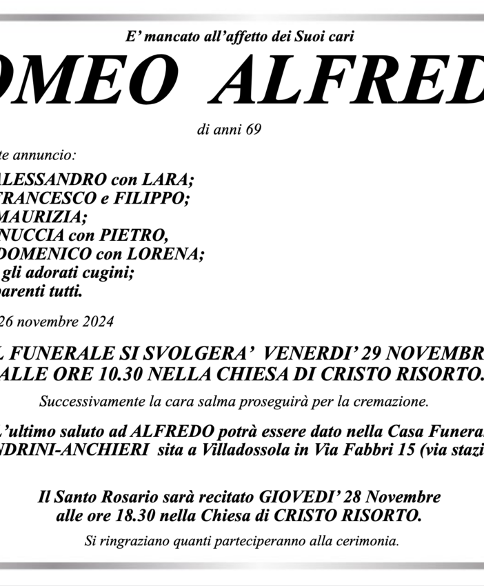 Romeo Alfredo di anni 69