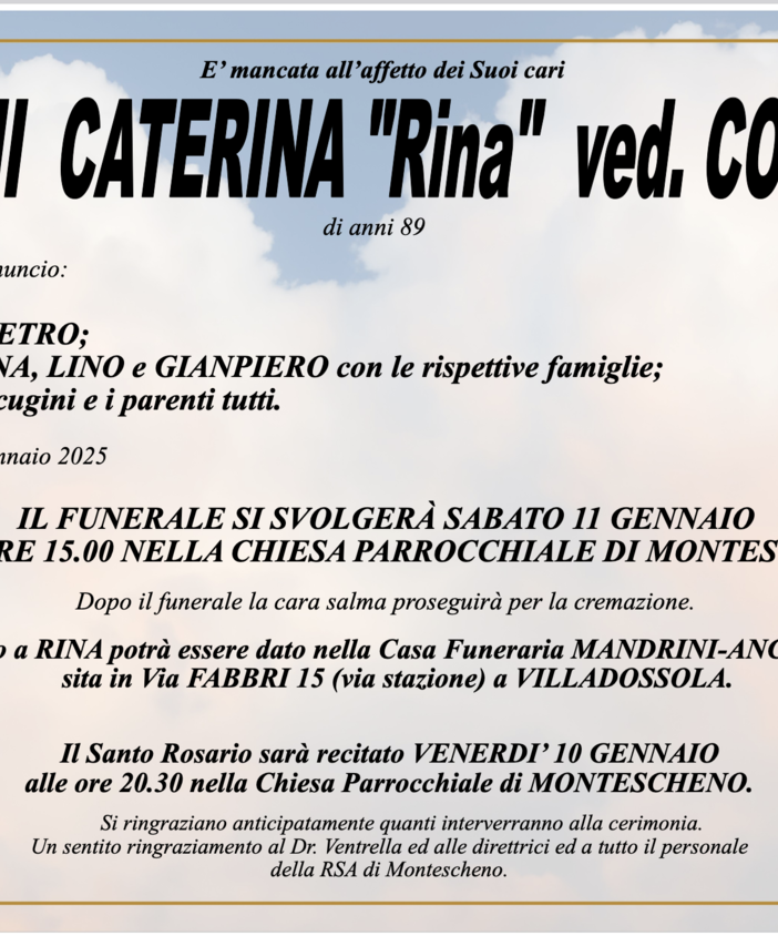 Preioni Caterina &quot;Rina&quot; ved. Covetta di anni 89