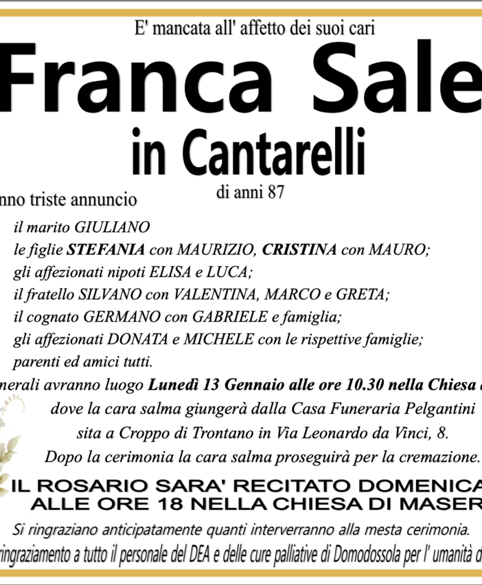 Franca Saletti in Cantarelli di anni 87