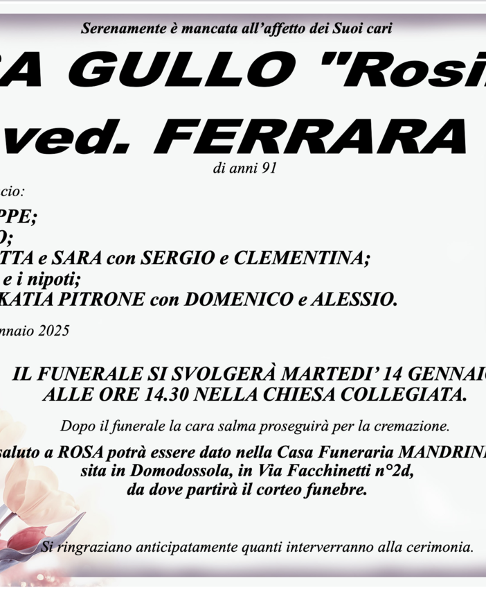 Rosa Gullo &quot;Rosina&quot; ved. Ferrara di anni 91
