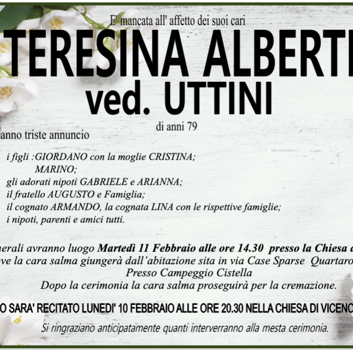 Teresina Alberti ved. Uttini 79 anni