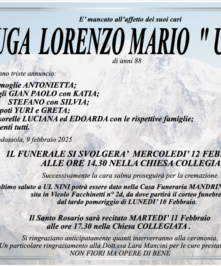 Ruga Lorenzo Mario &quot;Ul Nini&quot; di anni 88
