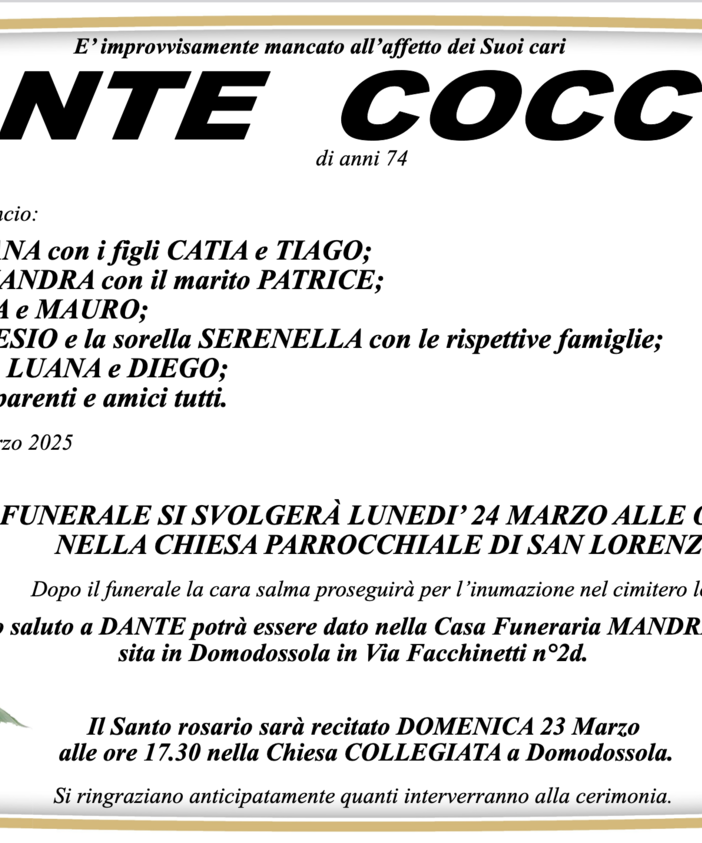 Dante Cocco di anni 74