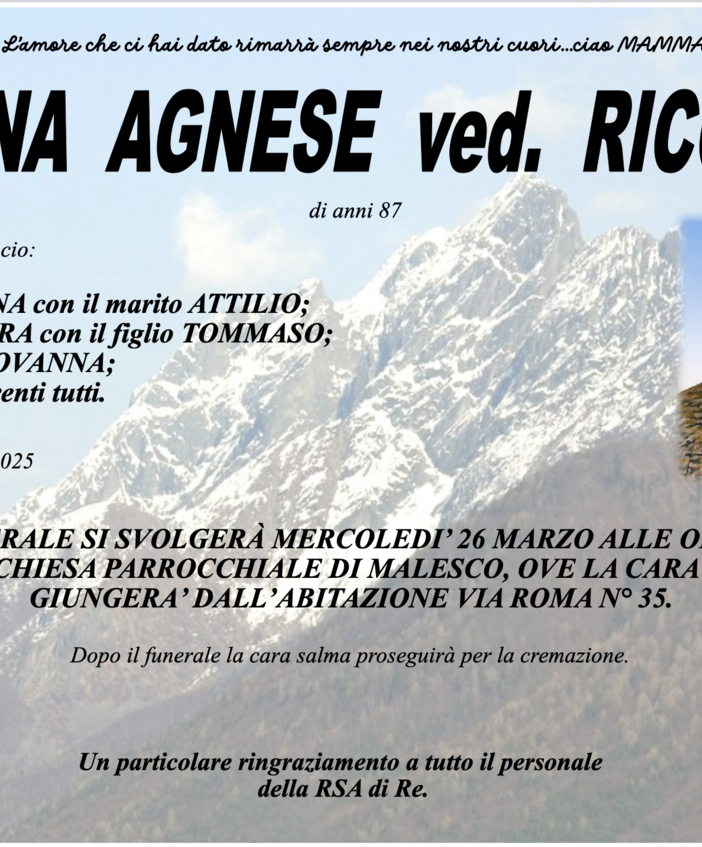 Besana Agnese ved. Ricchini di anni 87