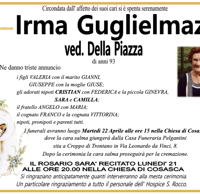 Irma Guglielmazzi ved. Della Piazza 93 anni