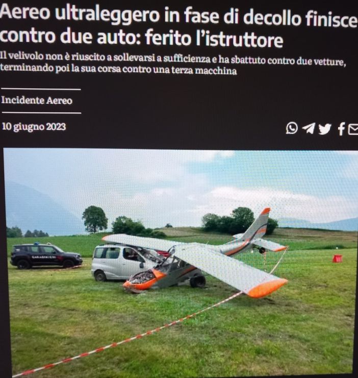 L'ultraleggero dopo l'incidente (Foto tratta dal giornale Il Nuovo Trentino)