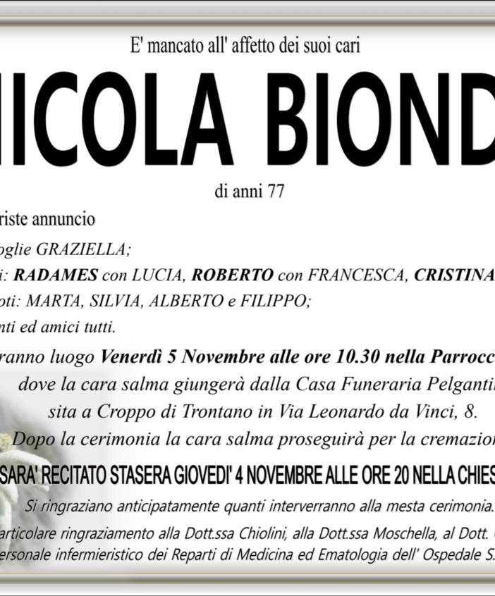 Nicola Bionda di anni 77