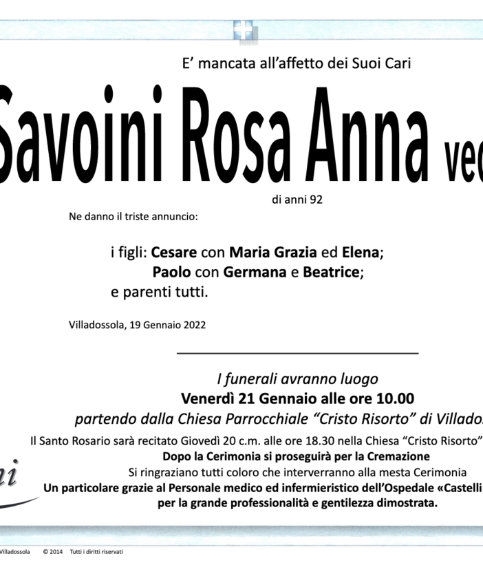 Savoini Rosa Anna ved. Casetta di anni 92