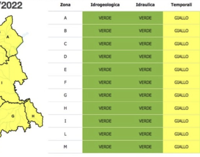 Meteo: martedì allerta giallo su tutto il Piemonte