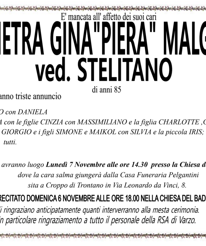 Pietra &quot;Gina&quot; Piera Malgeri ved. Stelitano di anni 85