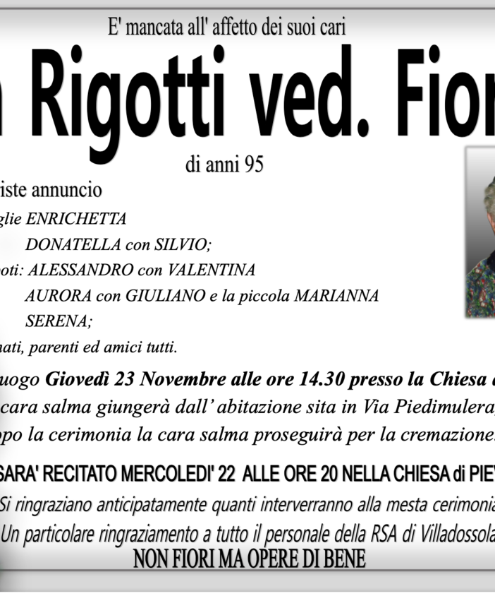 Piera Rigotti ved. Fiorina di anni 85