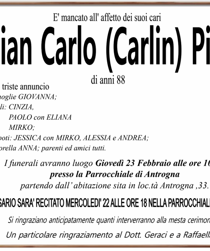 Gian Carlo (Carlin) Piana di anni 88