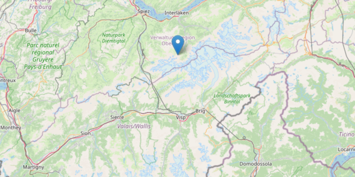 Il punto esatto dove è stata registrata la scossa a nord delle Alpi, non lontano dal confine italiano del Verbano Cusio Ossola con il Canton Vallese